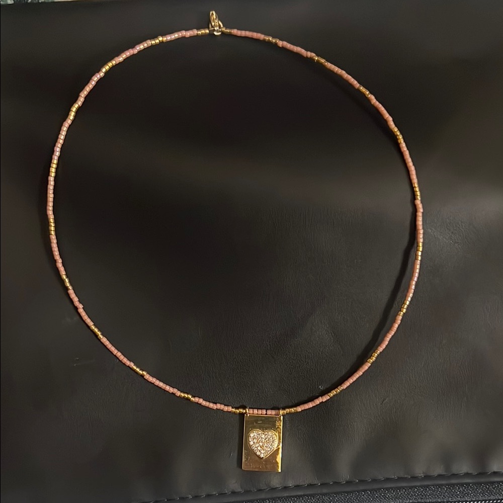 Gold Heart Pendant Necklace with Pink Beaded Chain